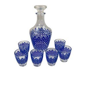 French Liquor Wine Decanter & 6 Shot Glasses Blue Diamond Pattern Barware Bar